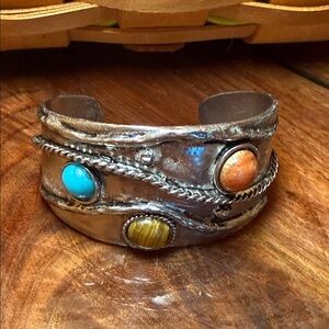 Silver Cuff Bracelet with Turquoise, Orange, and Brown Stones